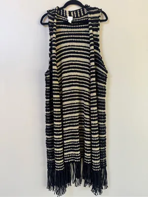 Chico’s Black & Gold striped Faron Knit Fringe long open front sweater vest XL 3 thumbnail 4