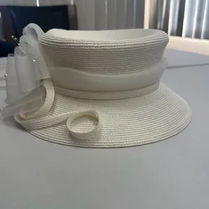 White Elegant Church Dress Hat with Mesh Bow Rose and Faux Pearls thumbnail 2