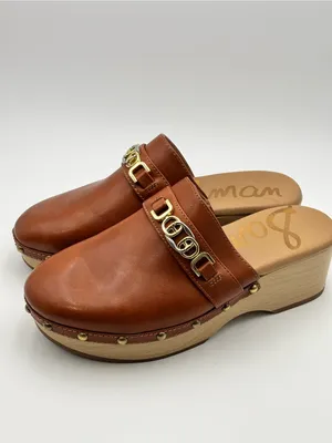 Sam Edelman Tan Leather Clog Mules with Gold Chain Accent Size 7.5 thumbnail 4