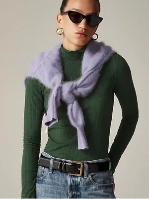 J. CREW Dark Forest Pointelle knit lettuce trim turtleneck top Size S CF645 thumbnail 1