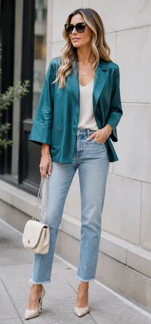 ST. JOHN COUTURE Sharkskin Silk Wool Blend Teal Open Front Jacket Blazer Size 8 thumbnail 1