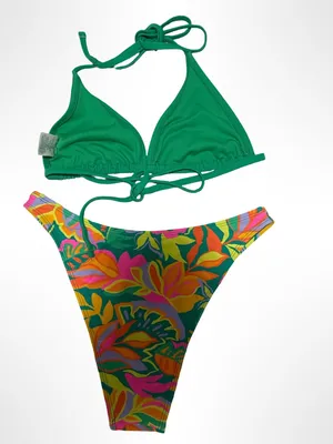 wild fable Green Triangle Bikini with Tropical Print Bottom thumbnail 2