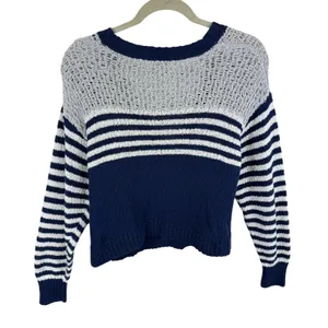 525 America Womens Navy Blue Striped Cotton Cropped V-Neck Cardigan Sweater S thumbnail 2