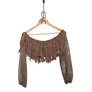 Miamisty Large Brown Crochet Boho Chic Cropped Fringed Cover Up Top Whimsigoth thumbnail 2