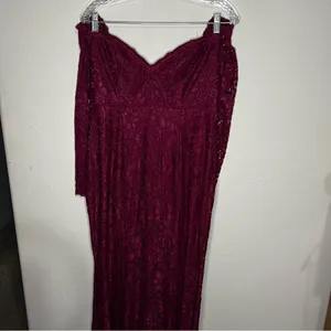 Maniju Burgundy Lace Floral Long Sleeve Off Shoulder Sweetheart‎ Maxi Dress thumbnail 5