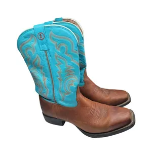 Tony Lama Brown Leather Cowboy Boots with Turquoise Shaft square toe cowgirl 10C thumbnail 1