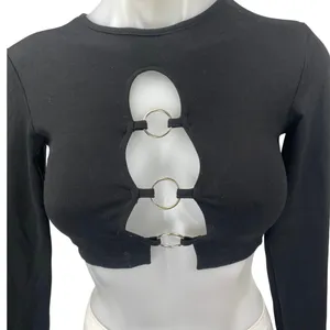 Edikted Women's Black Cutout Crewneck Long Sleeve Knit Crop Sweater Top Size XS thumbnail 3