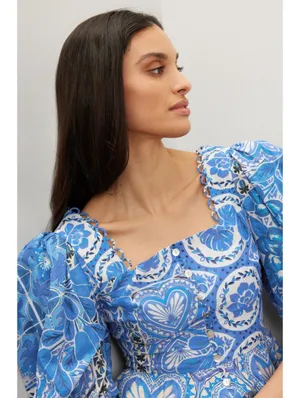 FARM Rio Blue Motif Puff Sleeve Peplum Top XL NWT thumbnail 2