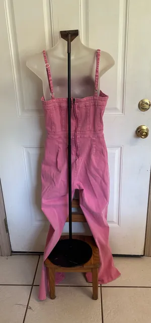 Large Amazon Rose Red Denim Sleeveless Adjustable Strap Stretchy Flare Jeans Long Pants Rompers. thumbnail 2