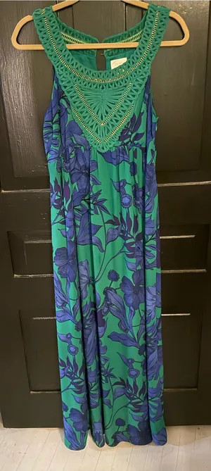 Green Maxi Dress with Blue Floral Print and Crochet Yoke thumbnail 1