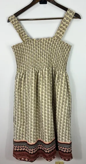 Boho Smocked Paisley Sundress Womens M Cream Black Block Print Mini Prairie‎ thumbnail 1