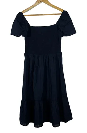 NWT Gap Smocked Bodice Textured Stripe Midi Dress Black Cottagecore Size S thumbnail 1