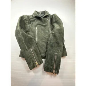 Topshop Suede Leather Moto Jacket Dark Green Women's Size 8 thumbnail 9