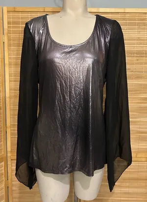 Dots purplish silver metallic blouse sheer black sleeves top shirt woman’s XL thumbnail 1