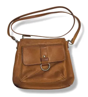Fossil Genuine Leather Tan Crossbody Bag Ring Detail Front Pocket Womens thumbnail 1