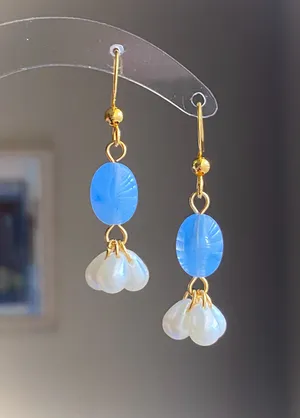 Handmade beautiful German beads & faux pearl dangle earrings🩵 thumbnail 2