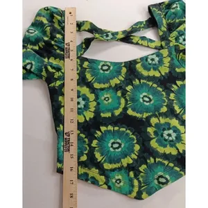 Free People Retro Hippie Green Square Neck Puff Sleeve Bandana Original! Small‎ thumbnail 8