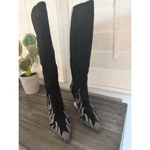 Others Follow Women Size 8 Wedge Heel Flame Rhinestone Point Toe Knee High Boot Fashion Trendy thumbnail 3