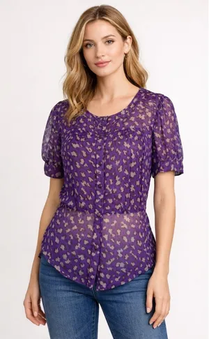 Bryan Bradley Shirt Women Small Purple‎ Leopard Print Silk Button Front Blouse thumbnail 1