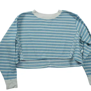 Altar'd State Blue White Striped Waffle Knit Cropped Oversize Long‎ Sleeve Top thumbnail 2