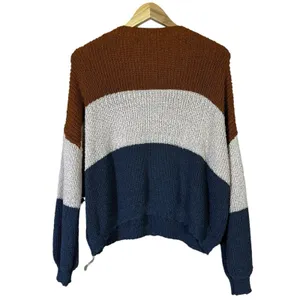 Davi & Dani Colorblock Striped Shaker Knit Sweater Brown Navy Preppy Size M thumbnail 4