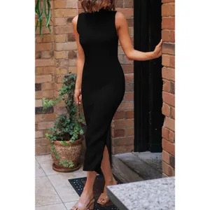PrettyGarden Black Ribbed Knit Mock Neck Sleeveless Bodycon Midi Dress Medium thumbnail 3