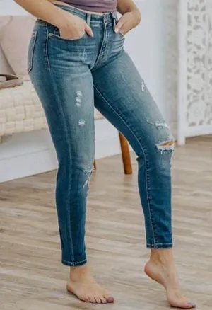 Judy Blue Relaxed Fit Stretch Denim Jeans Sz 28 Dark Wash Distressed thumbnail 2