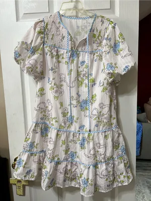 Floral Puff-Sleeve Tiered Mini Dress - Cream with Blue Floral thumbnail 2