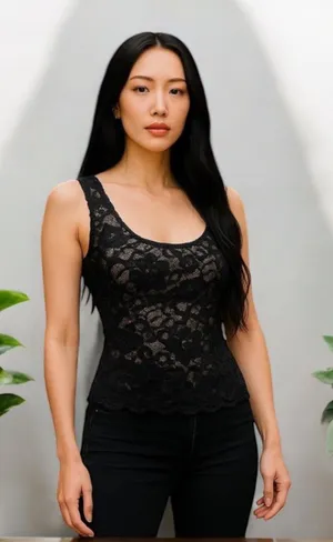 Hanky Panky 90s Y2K Vintage Tank Top Black Lace Nude Mesh Boho Fairy Grunge Whimsigoth Sz M thumbnail 1