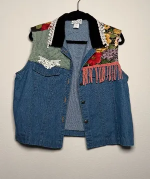 Women Vintage Patch Denim Sleeveless Vest thumbnail 1