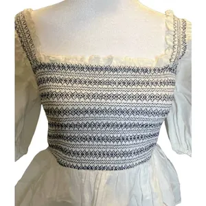 Something Navy Smocked Puff Shoulder Top Womens Small White NEW Embroidered thumbnail 7