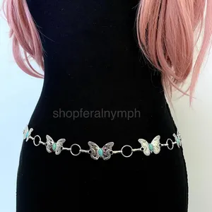 Silver Y2K Western Butterfly Turquoise Chain Belt, Fits 24-42 Inches, X7GA1343 thumbnail 6