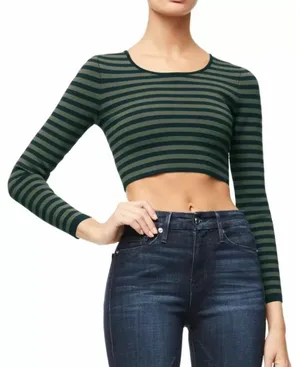 NWT‎ Good American Womens Stripe Long Sleeve Crop Top 2 medium Green/Navy thumbnail 1