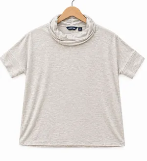 Lands' End Womens Medium M Top Shirt Cowl Neck Short Sleeve Cream Oatmeal soft thumbnail 1