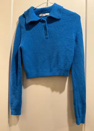 ZARA Cropped Fuzzy Knit Polo Sweater – Blue – Size S‎ thumbnail 1