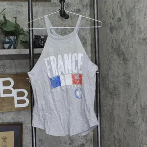 NWT Cold Crush Juniors Vive La France Graphic High-Neck Tank Top Gray / Multi M thumbnail 2