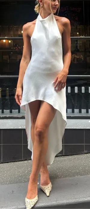 Asa Fields Florence Gown High Low Halter Open Back Satin Ivory Dress SMALL thumbnail 1