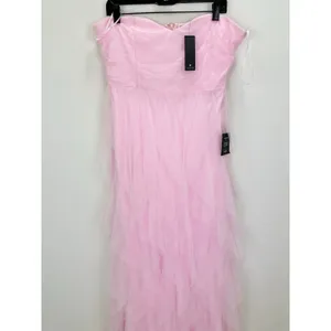 Lulus Delightful Beauty Pink Mesh Strapless Ruched Ruffled Maxi Dress XL NWT thumbnail 6