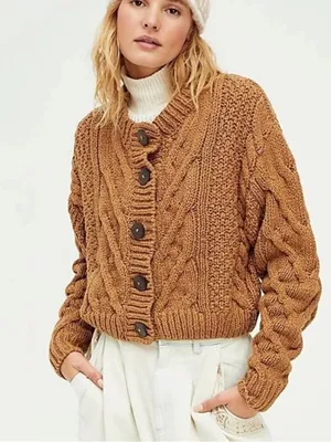 Free People • Bonfire Cable Knit Cardi cropped cardigan sweater chunky brown thumbnail 13