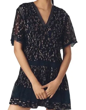NWT Anthropologie Maeve V-Neck Lurex Tiered Mini Dress Navy Metallic Size Medium thumbnail 1