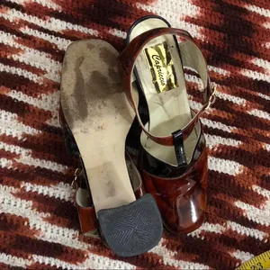 RARE 80s 90s Vintage Marble Maryjane T-strap Block Heels Pumps Chunky Whimsygoth Preppy Academia Brown Black Round Toe Patent Leather Measurements in pics thumbnail 6