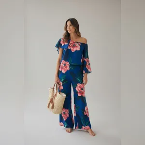 Banana Republic Tropical Blue Floral Cold Shoulder Flutter Sleeve Blouse Top XL thumbnail 2