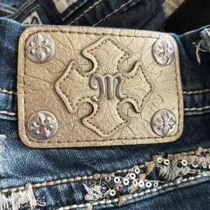 Miss Me Mid~Rise Boot Denim Jeans Sz 29X32.5 Stretch Bling Flap Pockets Distress thumbnail 5