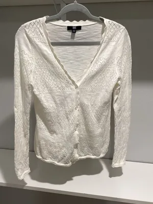 Frye Women's Ivory White Pointelle V-Neck Scalloped Trim Cardigan Sweater Size S thumbnail 1