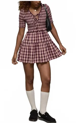 AE Puff Sleeve Tie Front Plaid Mini Dress American Eagle Pink NWT Burgundy XXL thumbnail 1