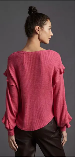 Anthropologie Pilcro Top Ruffled V-Neck Shirt Waffle Knit Raspberry Pink L thumbnail 2