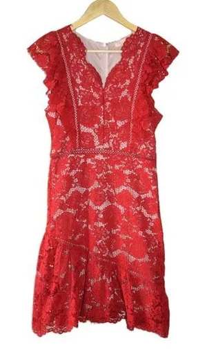 Lace Dress Women Small Red Excellent Flutter Sleeve Tiered Ruffle Mini thumbnail 1