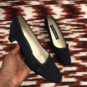 90s Vintage Dark Navy pumps kitten block heels bow square toe office siren core #coquette #academia Size 6M thumbnail 1