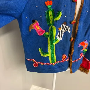 Vintage Western Cactus Cowboy Boot Embroidered Cardigan Blue Chenille Fringe L thumbnail 5