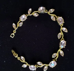 14K Gold Plated Leaf Vine Bracelet Marquise CZ Crystal Link Chain 7.5 thumbnail 1